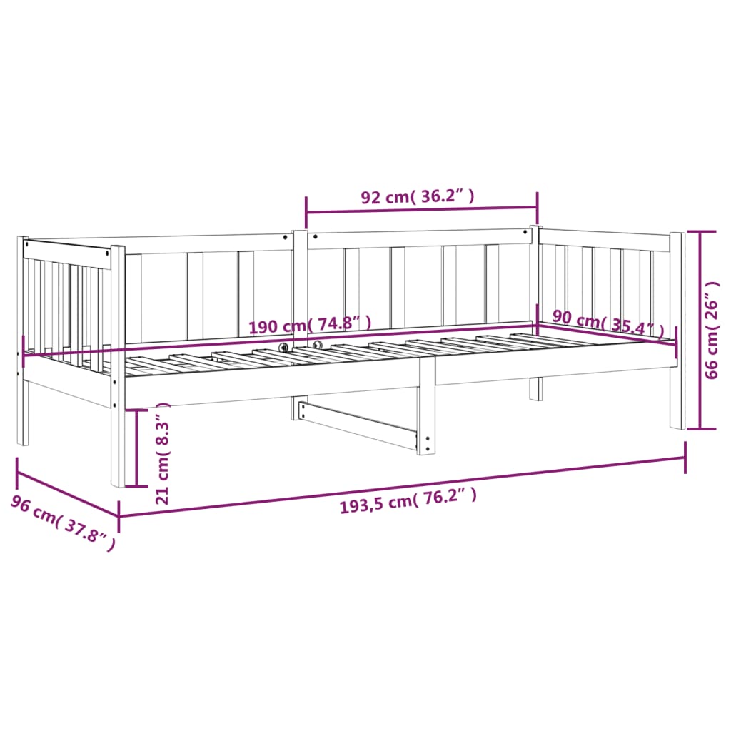 daybed uden madras 90x190 cm massivt fyrretræ hvid