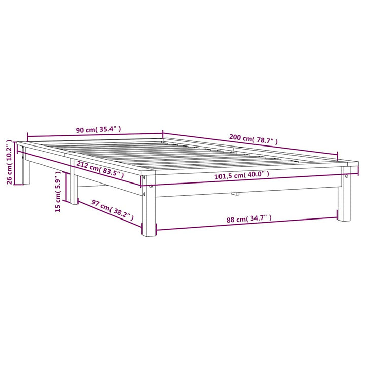 sengeramme 90x200 cm massivt fyrretræ grå