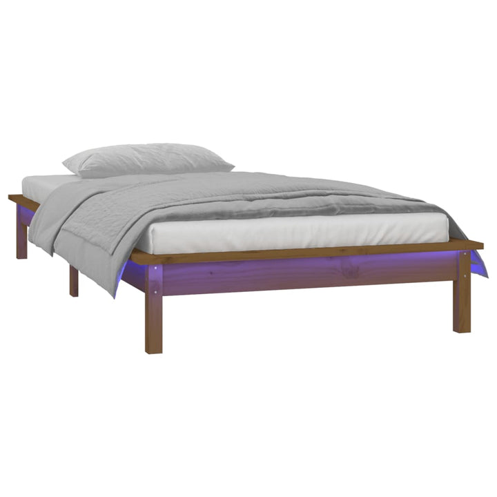 sengeramme med LED-lys 90x200 cm massivt træ gyldenbrun