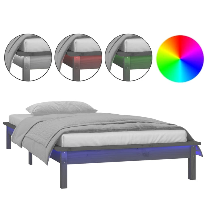 sengeramme med LED-lys 100x200 cm massivt træ grå