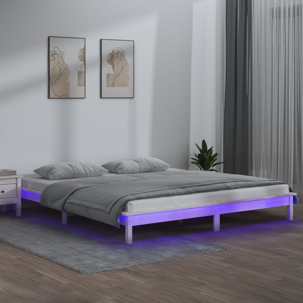sengeramme med LED-lys 120x200 cm massivt træ hvid