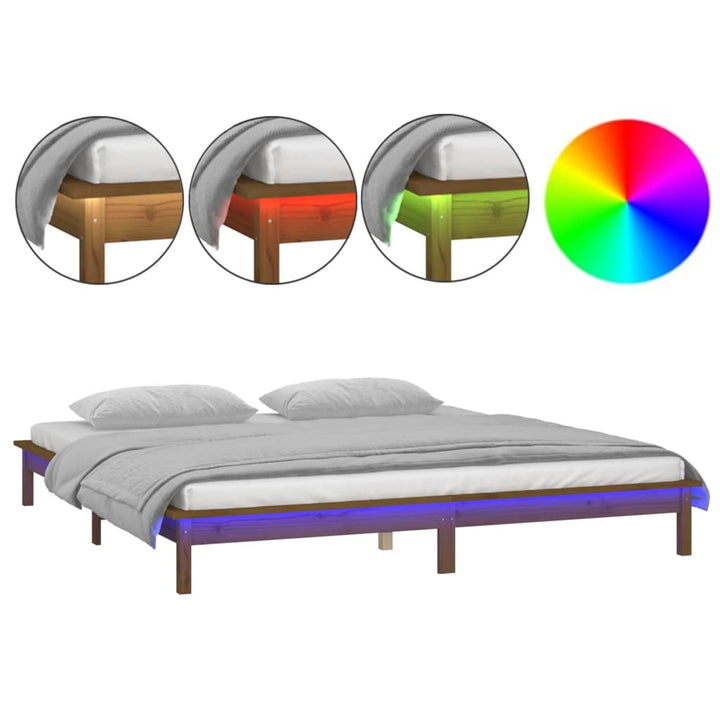 sengeramme med LED-lys 140x200 cm massivt træ gyldenbrun