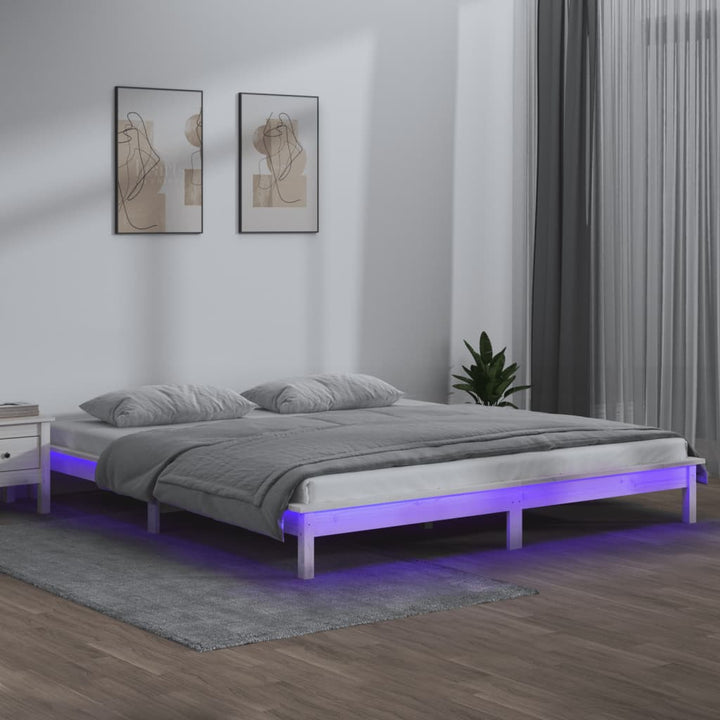 sengeramme med LED-lys 150x200 cm kingsize massivt træ hvid