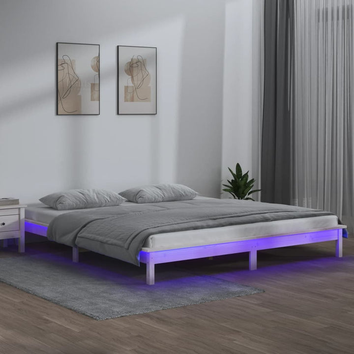 sengeramme med LED-lys 160x200 cm massivt træ hvid
