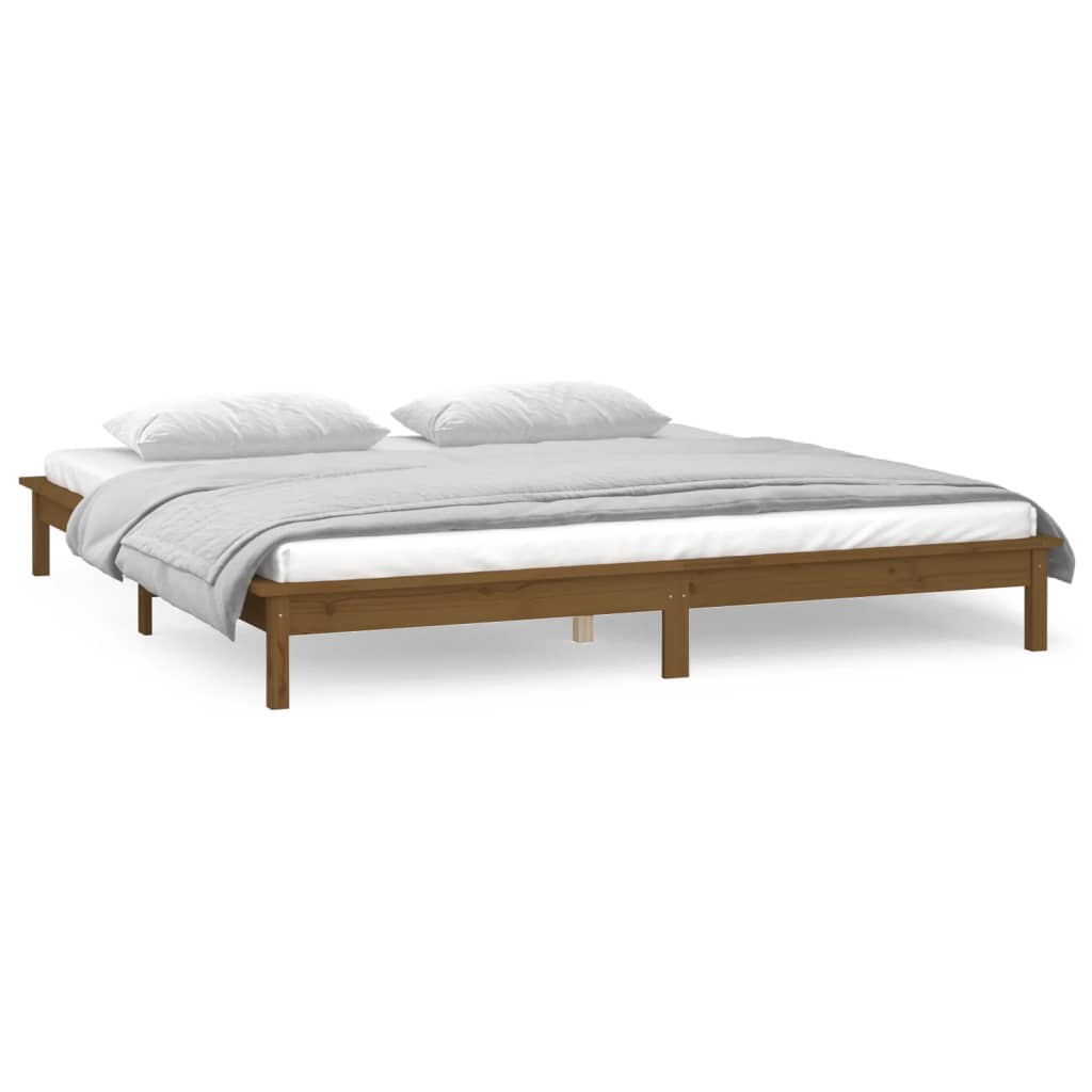 sengeramme med LED-lys 200x200 cm massivt træ gyldenbrun