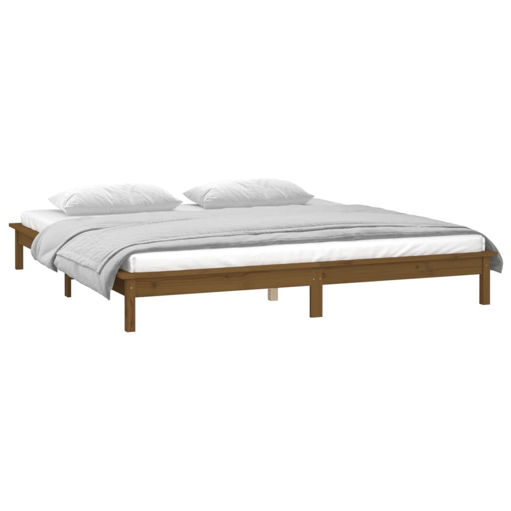 sengeramme med LED-lys 200x200 cm massivt træ gyldenbrun