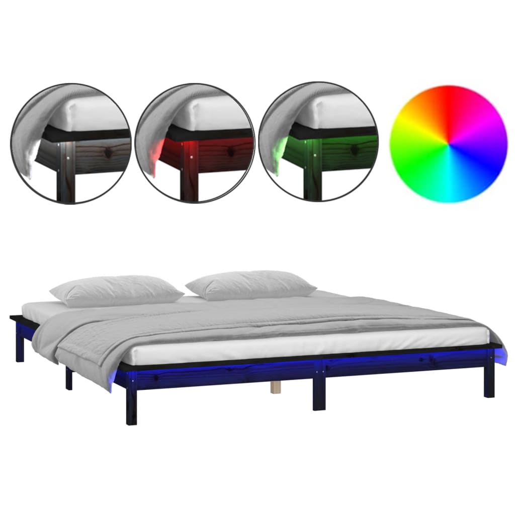 sengeramme med LED-lys 200x200 cm massivt træ sort