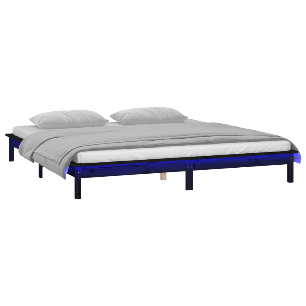 sengeramme med LED-lys 200x200 cm massivt træ sort