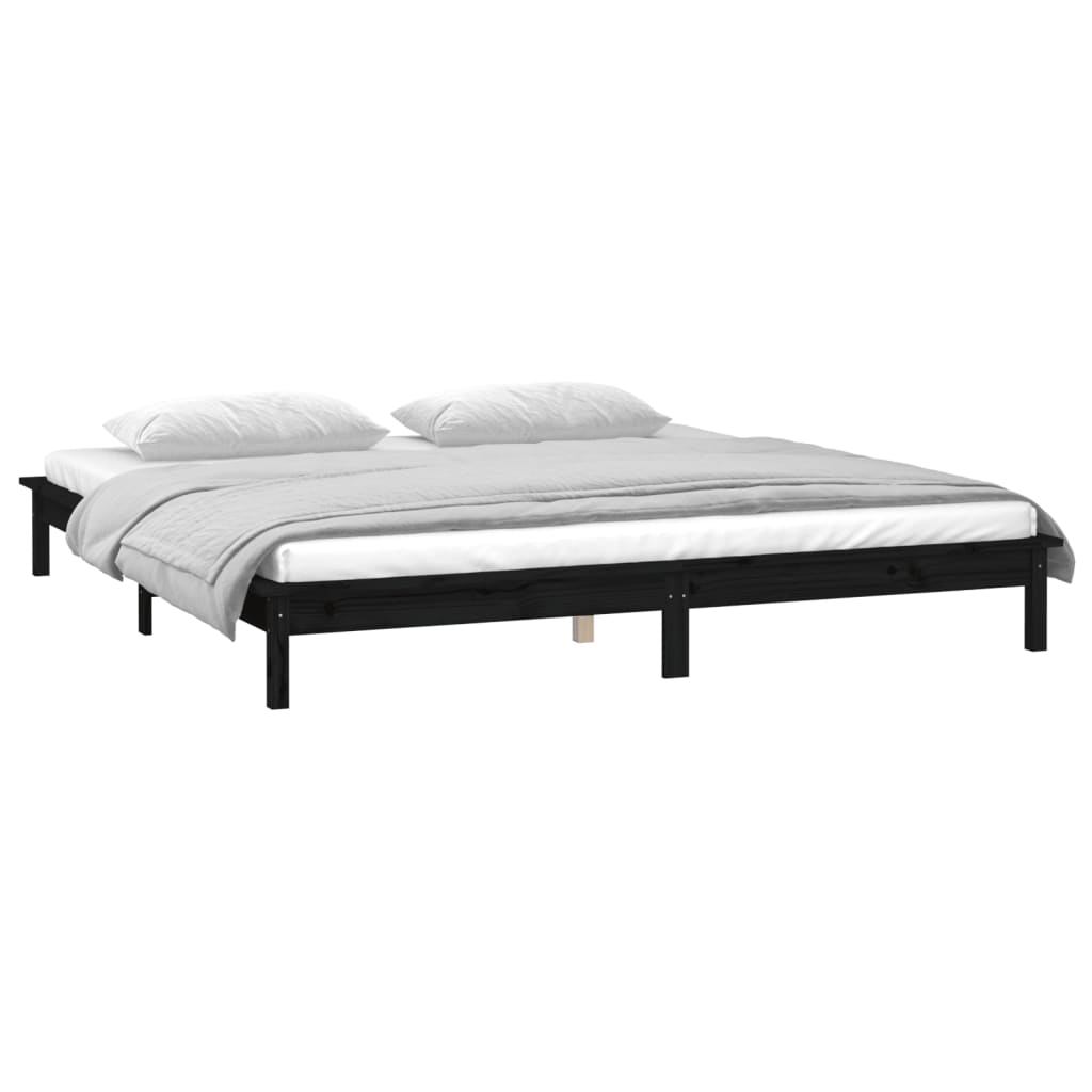 sengeramme med LED-lys 200x200 cm massivt træ sort