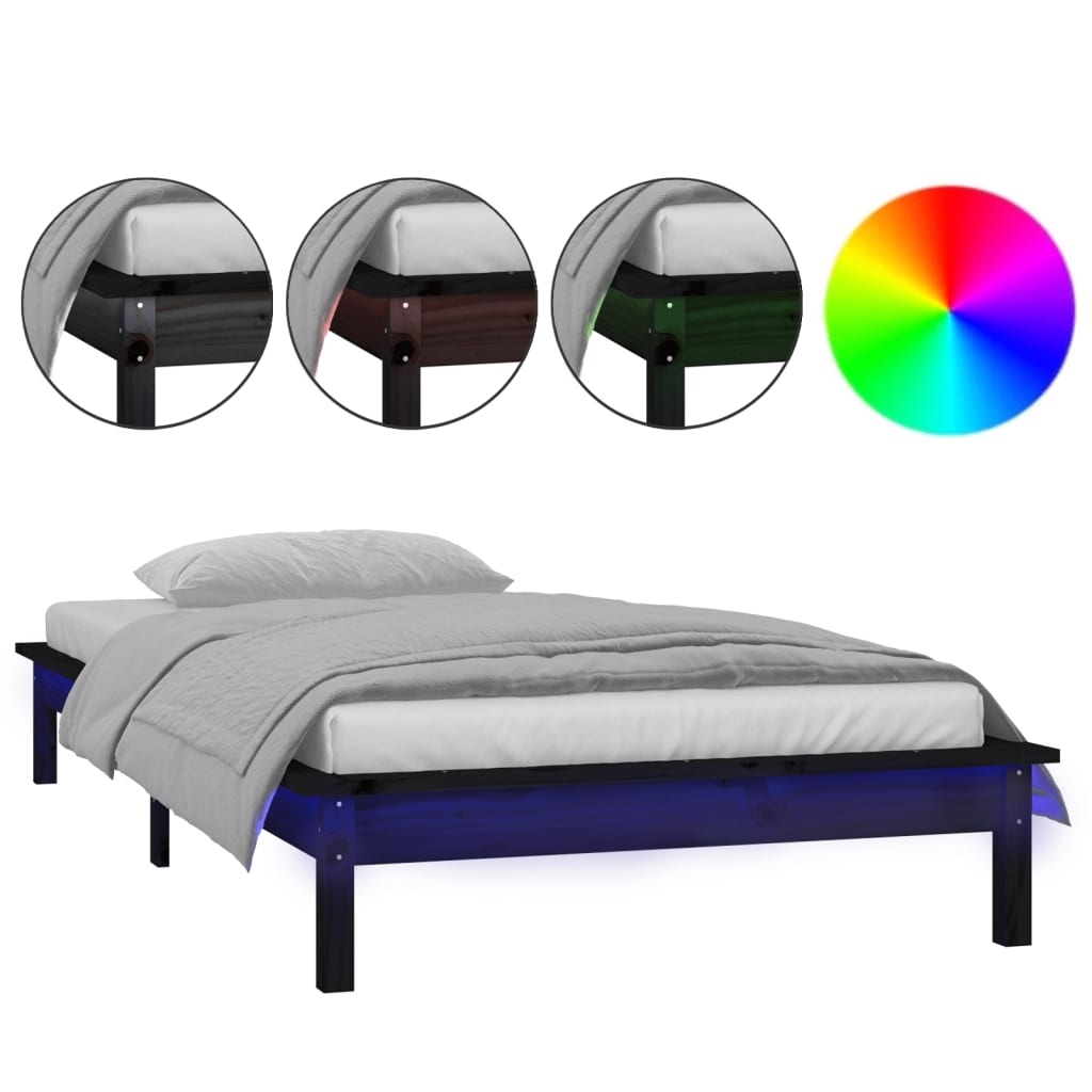 sengeramme med LED-lys 75x190 cm Small Single massivt træ sort