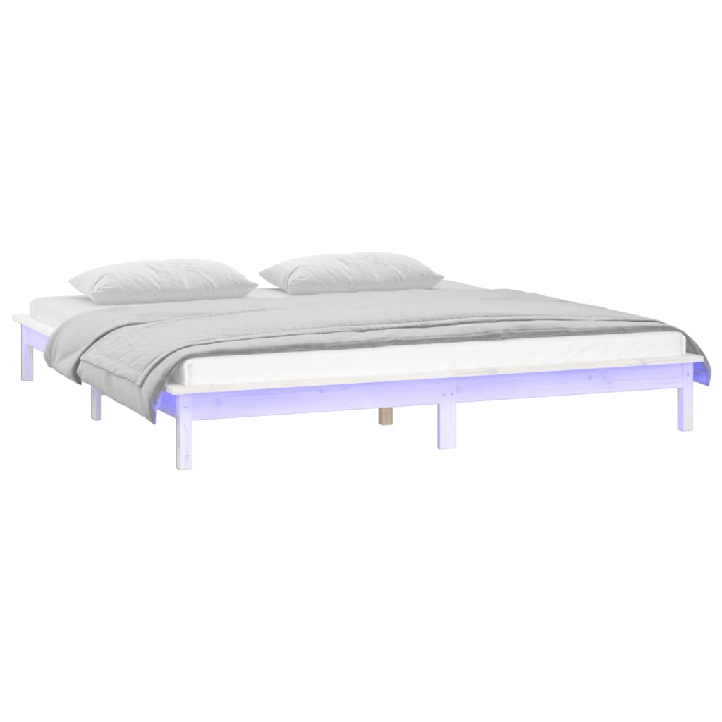 sengeramme med LED-lys 135x190 cm dobbelt massivt træ hvid