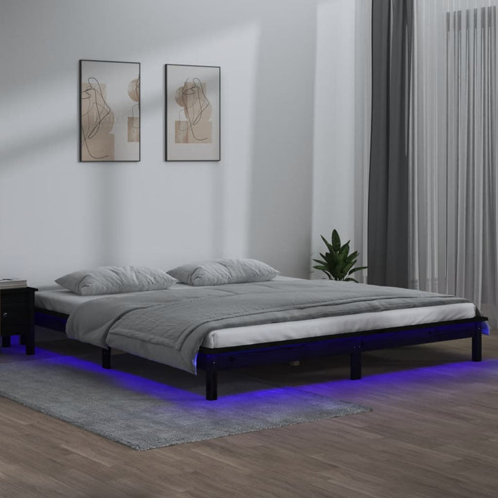 sengeramme med LED-lys 140x190 cm massivt træ sort