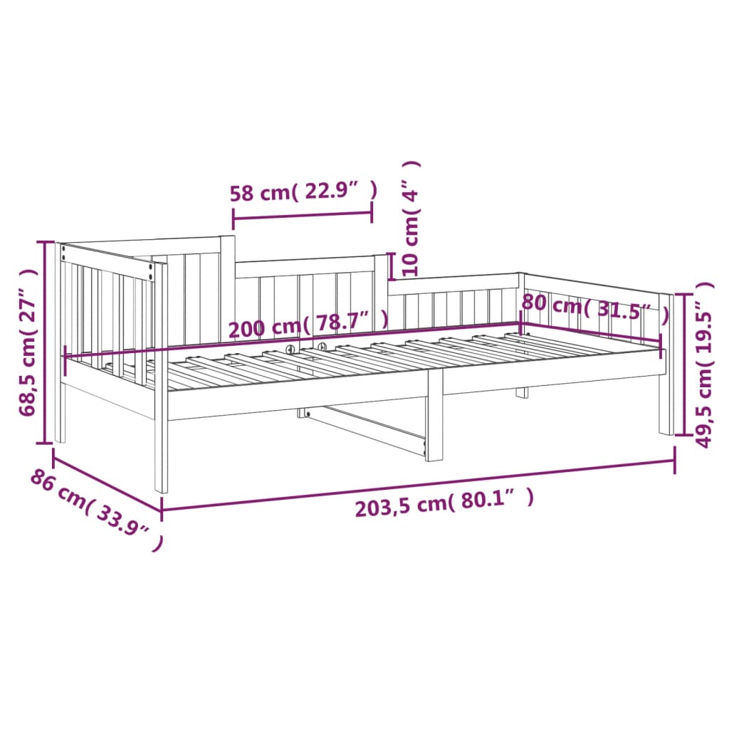daybed uden madras 80x200 cm massivt fyrretræ hvid