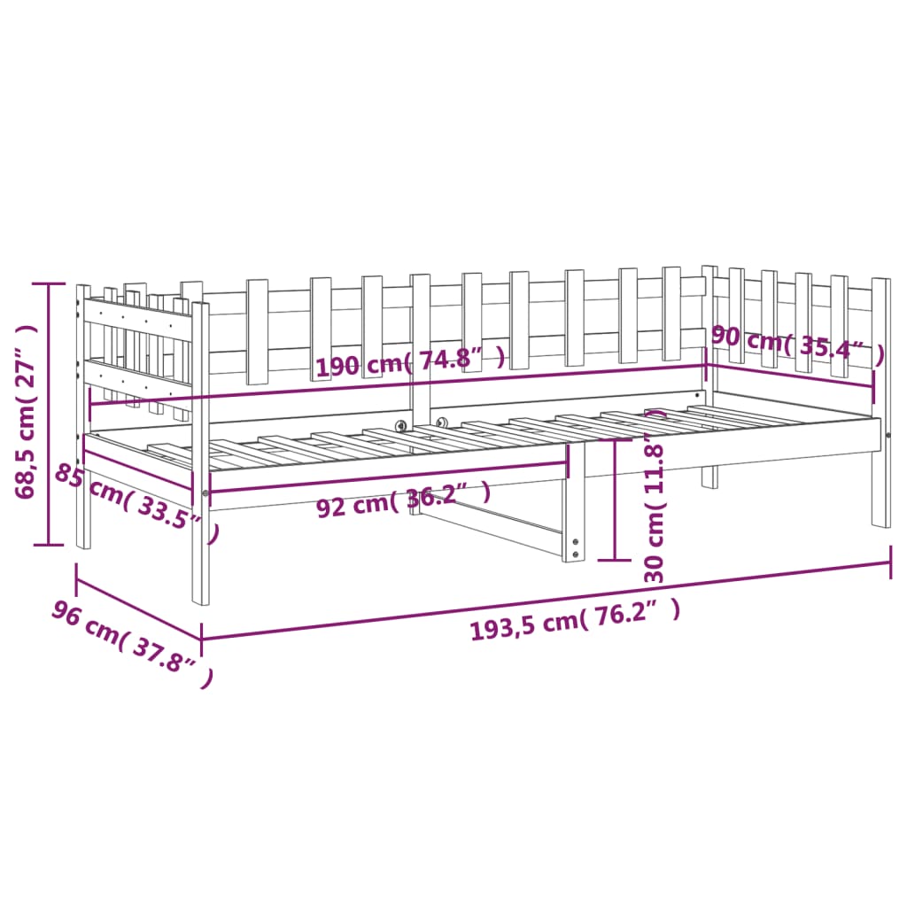 daybed uden madras 90x190 cm massivt fyrretræ