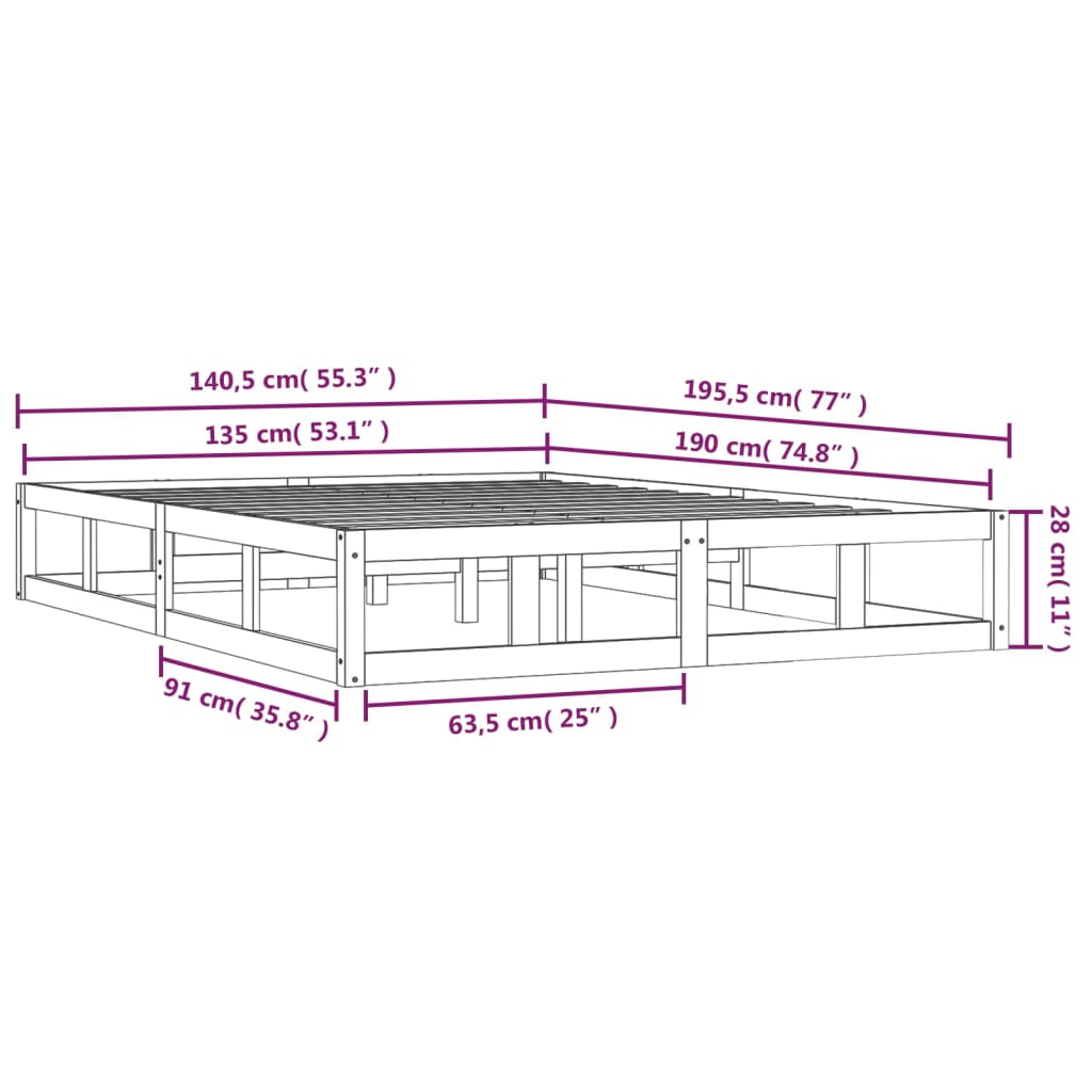 sengeramme 135x190 cm dobbelt massivt træ