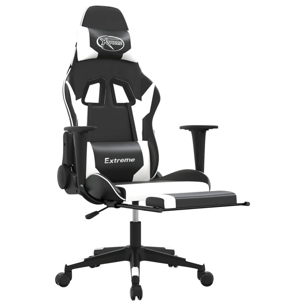 gamingstol m. massagefunktion og fodstøtte kunstlæder sort hvid