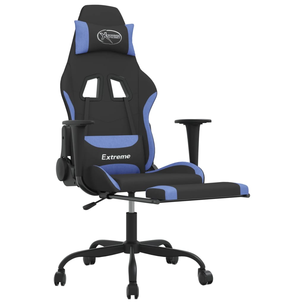 gamingstol med massagefunktion + fodstøtte stof sort og blå