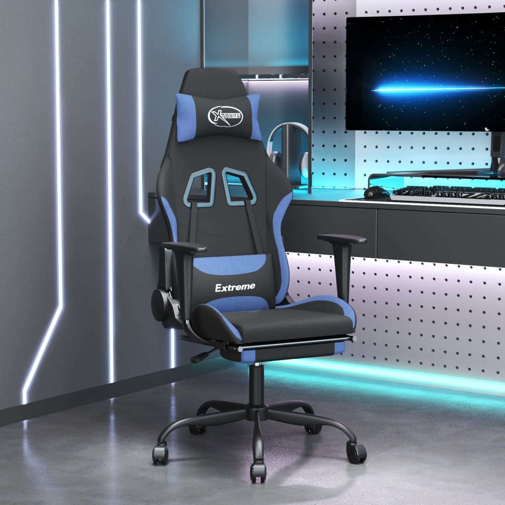 gamingstol med massagefunktion + fodstøtte stof sort og blå