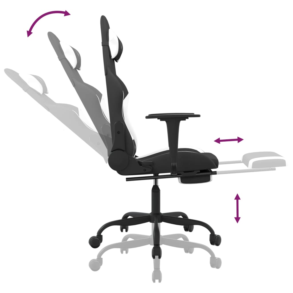 gamingstol med massagefunktion + fodstøtte stof sort og hvid