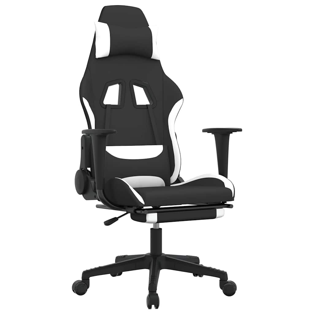 gamingstol med massagefunktion + fodstøtte stof sort og hvid