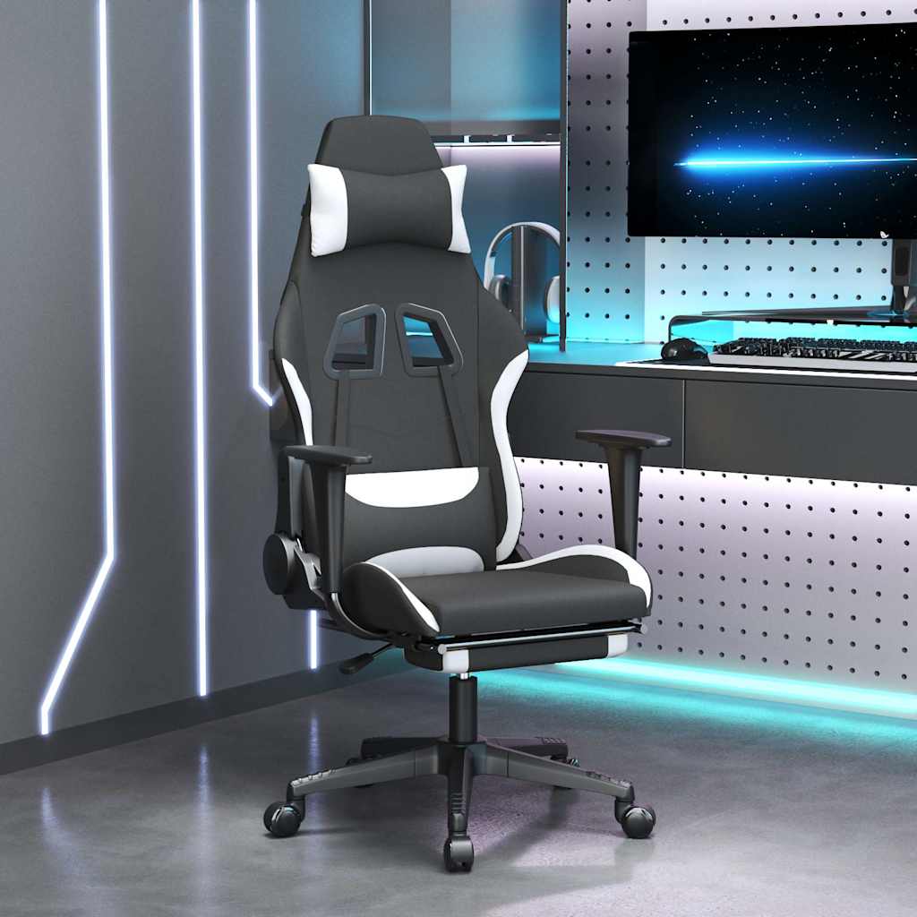 gamingstol med massagefunktion + fodstøtte stof sort og hvid