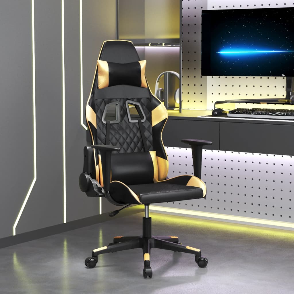gamingstol m. massagefunktion kunstlæder sort guldfarvet