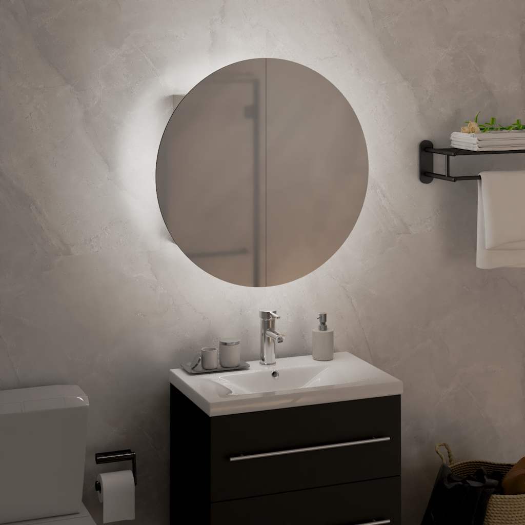badeværelsesskab med rundt spejl og LED-lys 40x40x17,5 cm hvid