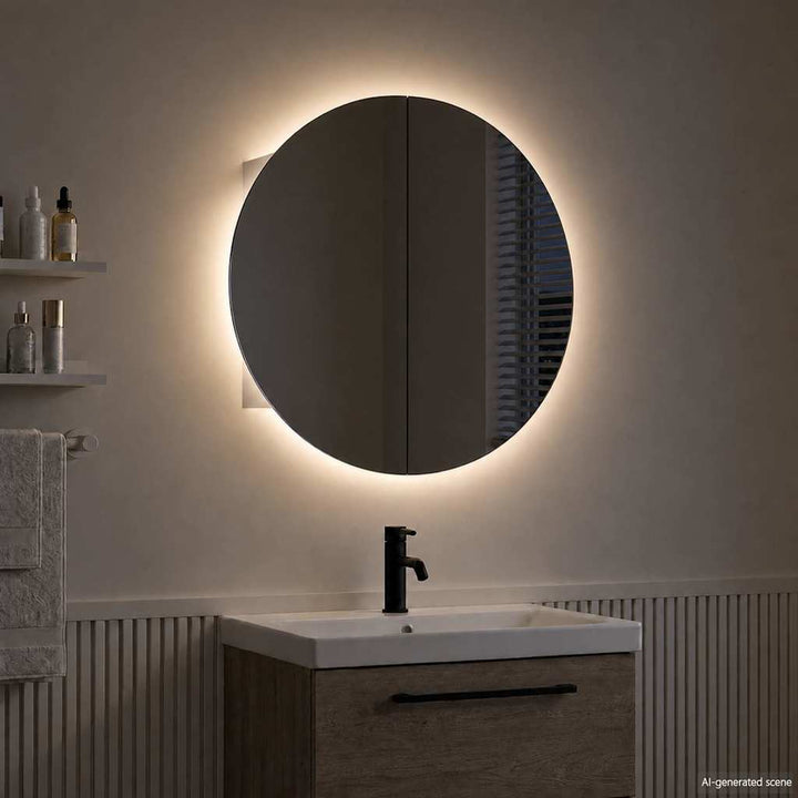badeværelsesskab med rundt spejl og LED-lys 40x40x17,5 cm hvid