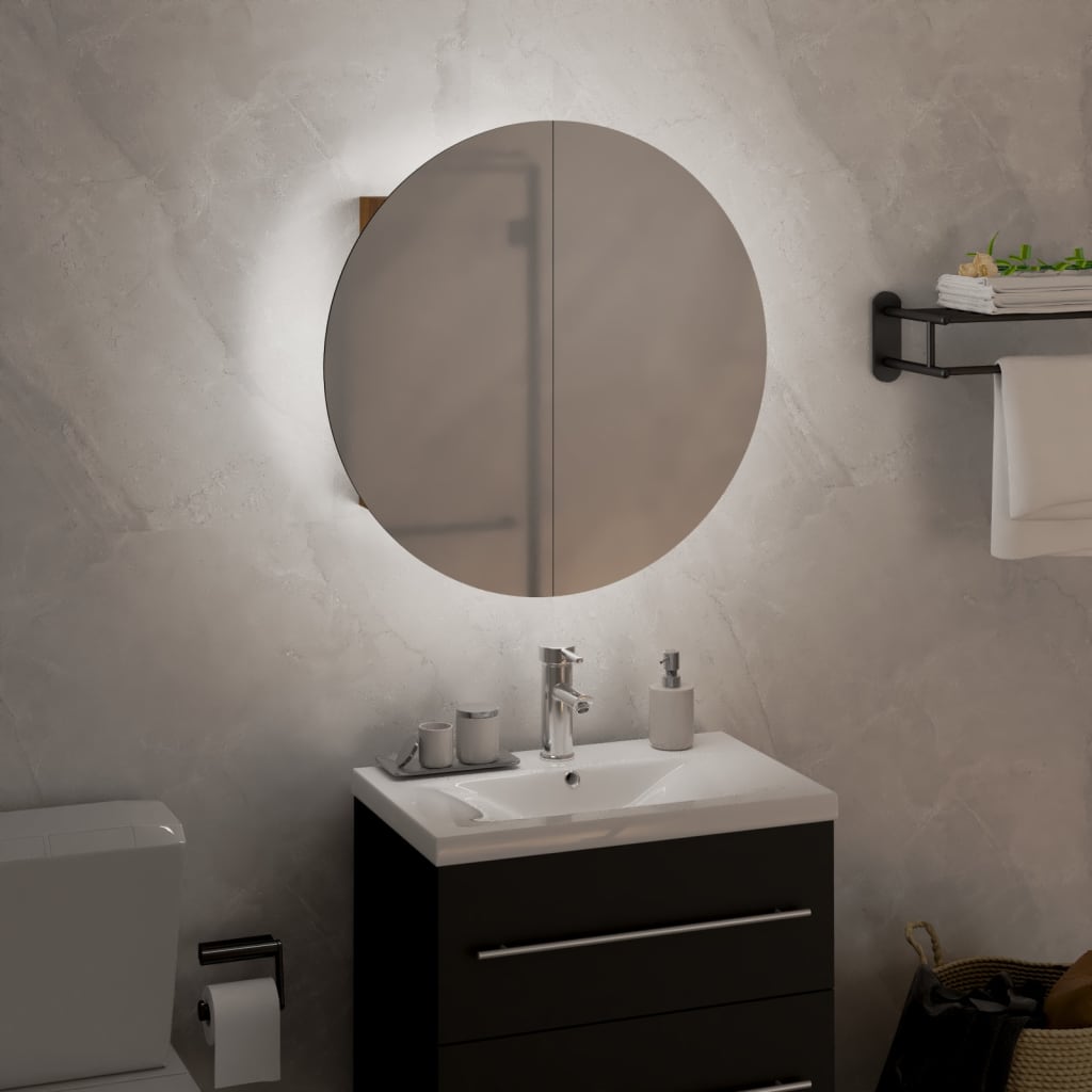badeværelsesskab med rundt spejl og LED-lys 40x40x17,5cm egetræ