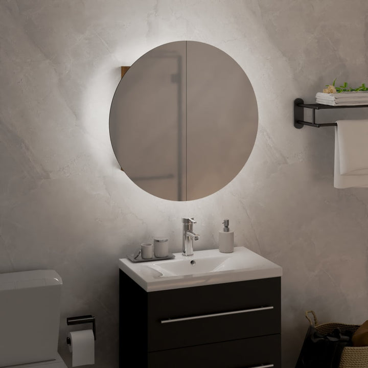 badeværelsesskab med rundt spejl og LED-lys 40x40x17,5cm egetræ
