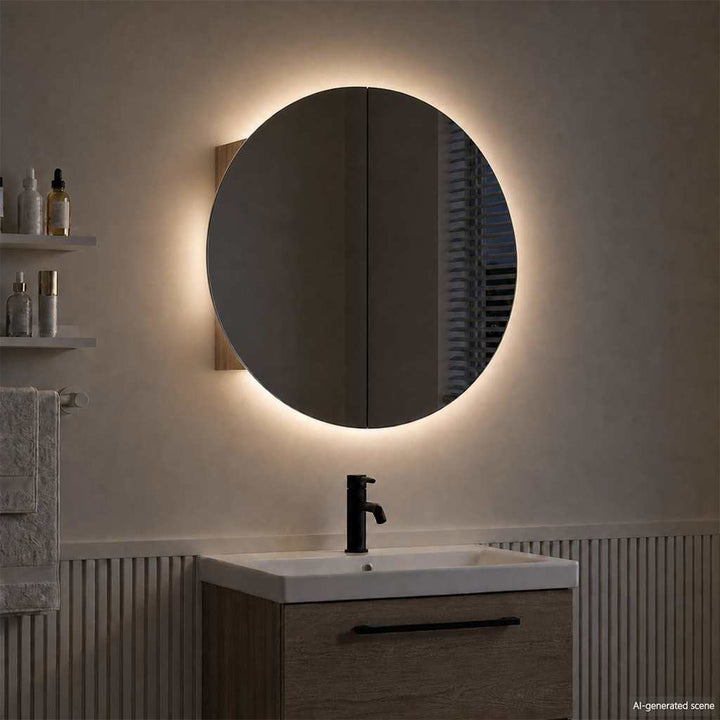 badeværelsesskab med rundt spejl og LED-lys 40x40x17,5cm egetræ