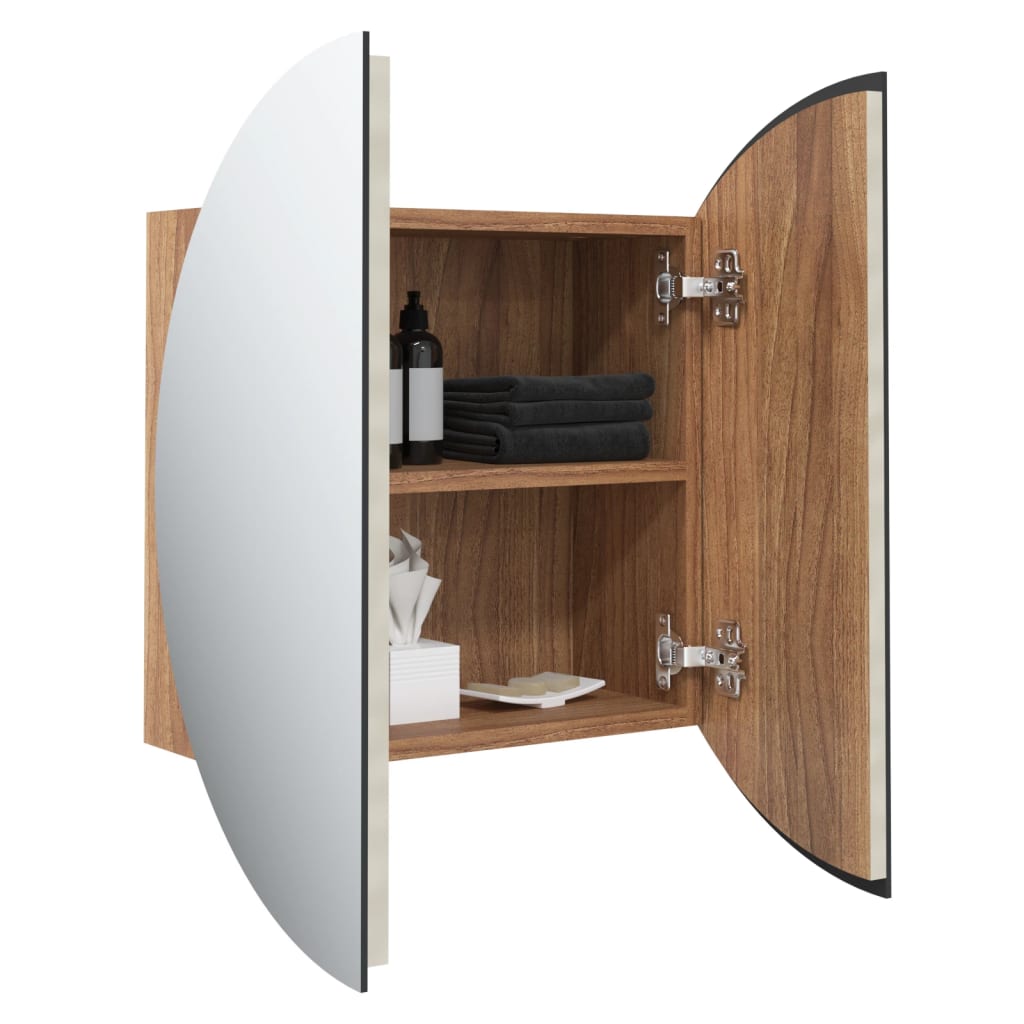 badeværelsesskab med rundt spejl og LED-lys 40x40x17,5cm egetræ