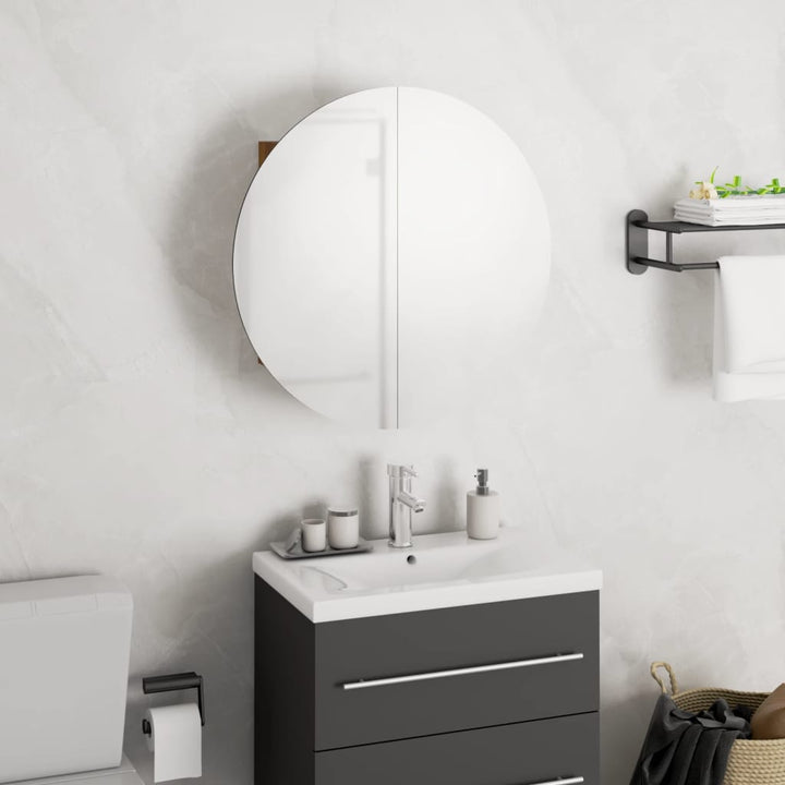 badeværelsesskab med rundt spejl og LED-lys 40x40x17,5cm egetræ
