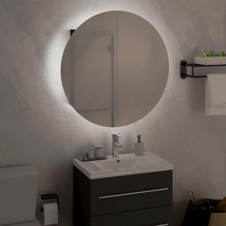 badeværelsesskab med rundt spejl og LED-lys 47x47x17,5 cm sort
