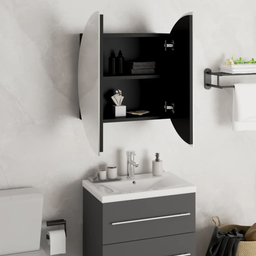 badeværelsesskab med rundt spejl og LED-lys 47x47x17,5 cm sort