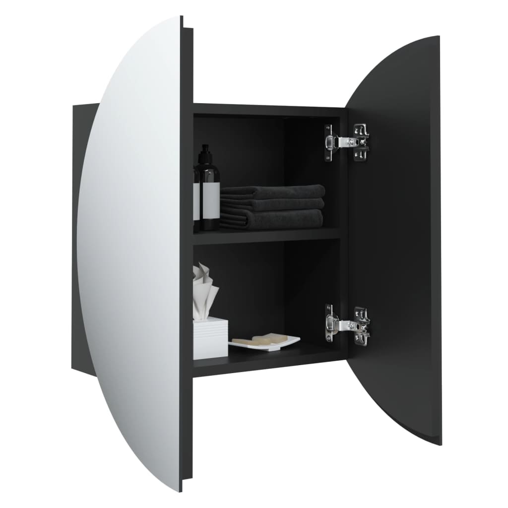 badeværelsesskab med rundt spejl og LED-lys 47x47x17,5 cm sort