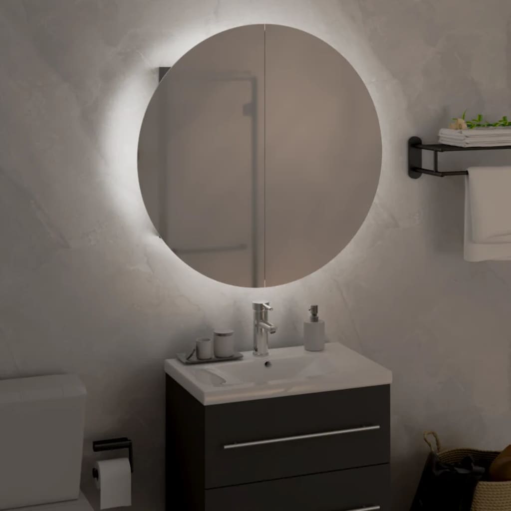 badeværelsesskab med rundt spejl og LED-lys 47x47x17,5 cm grå