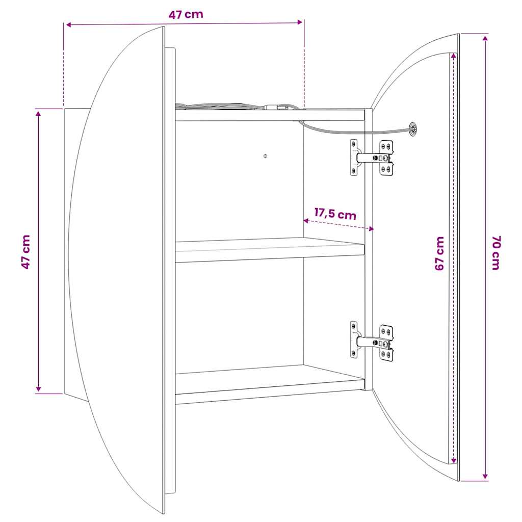 badeværelsesskab med rundt spejl og LED-lys 47x47x17,5 cm grå