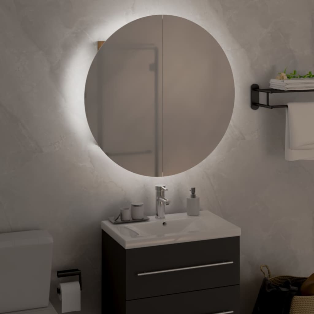 badeværelsesskab med rundt spejl og LED-lys 40x40x17,5cm egetræ