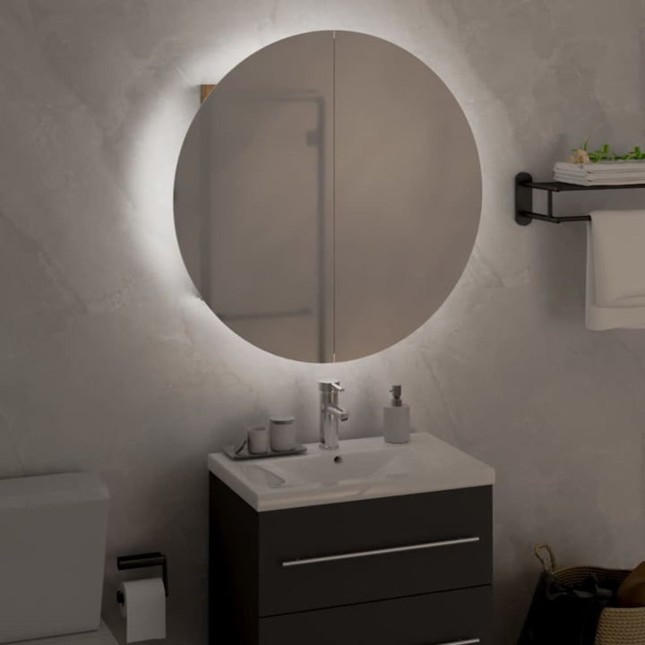 badeværelsesskab med rundt spejl og LED-lys 40x40x17,5cm egetræ