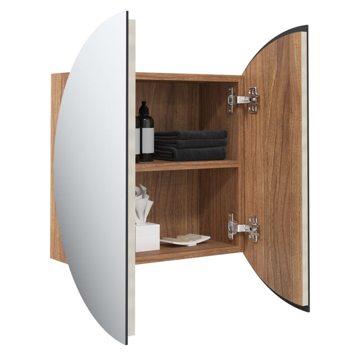 badeværelsesskab med rundt spejl og LED-lys 40x40x17,5cm egetræ
