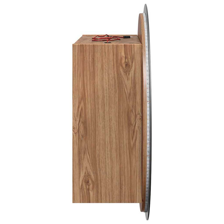 badeværelsesskab med rundt spejl og LED-lys 40x40x17,5cm egetræ