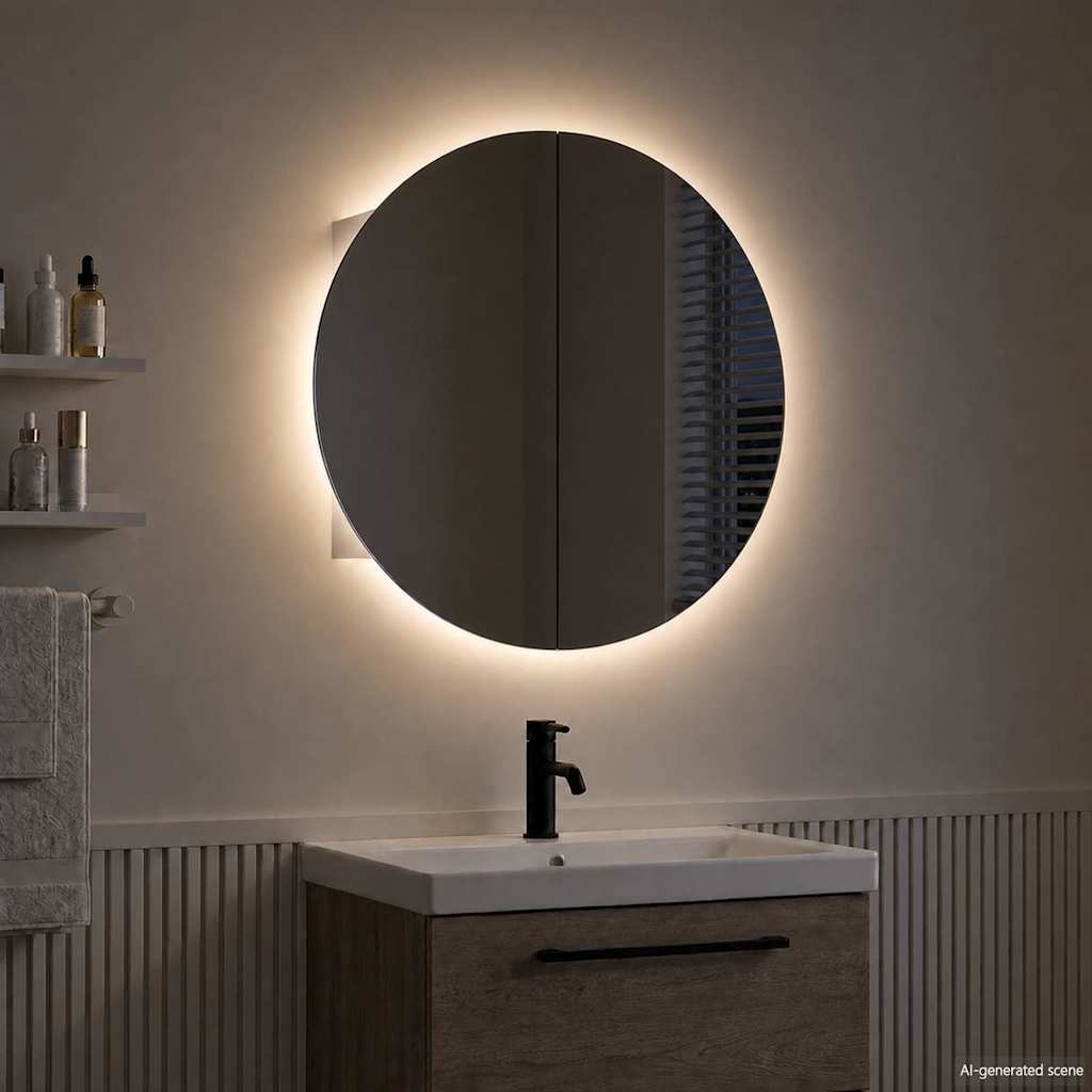badeværelsesskab med rundt spejl og LED-lys 54x54x17,5 cm hvid