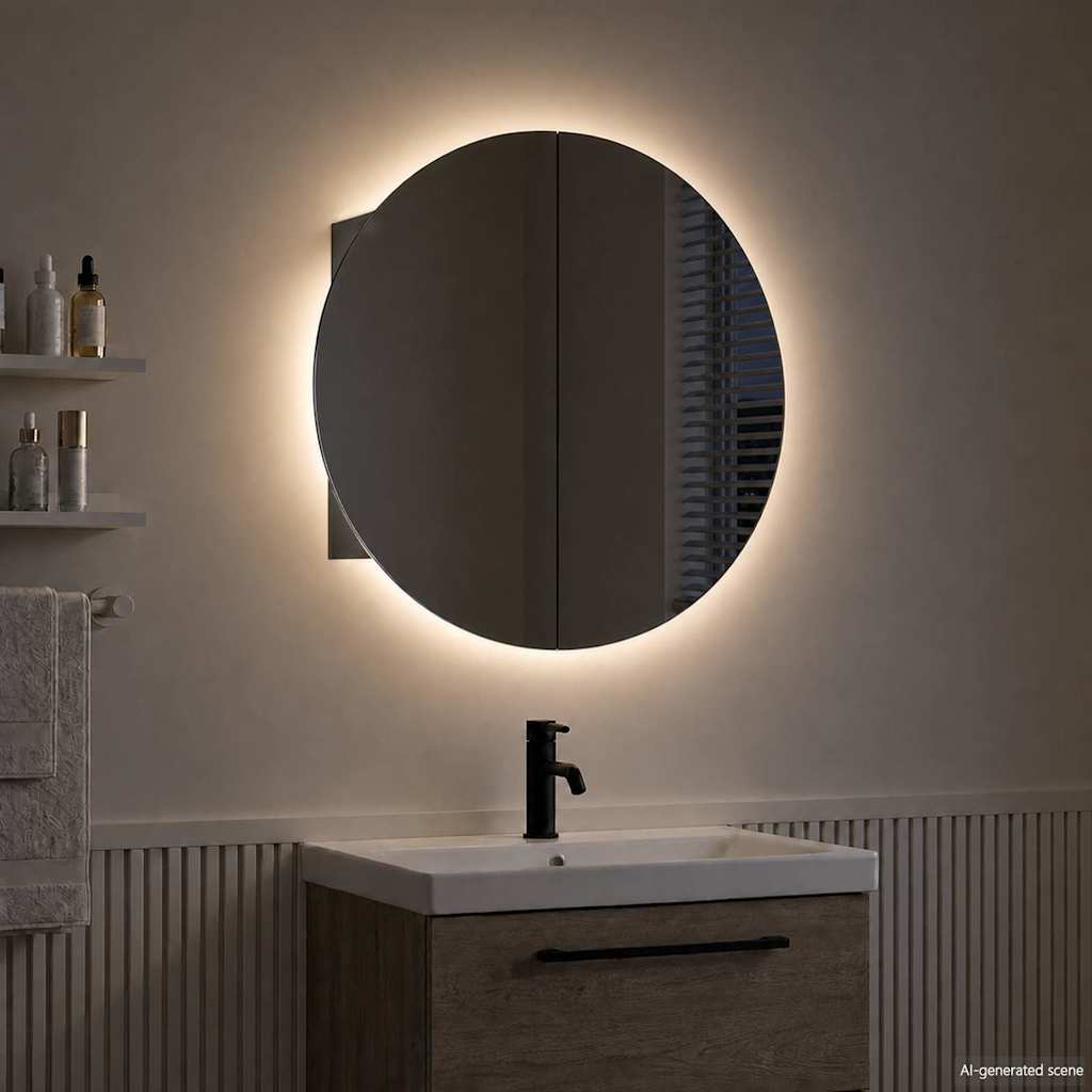 badeværelsesskab med rundt spejl og LED-lys 54x54x17,5 cm sort
