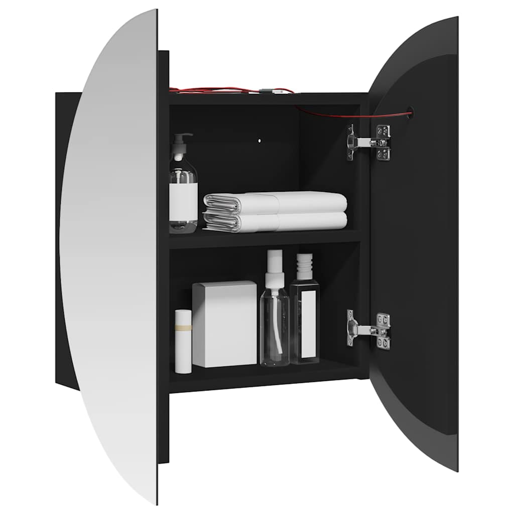 badeværelsesskab med rundt spejl og LED-lys 54x54x17,5 cm sort