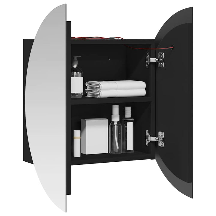 badeværelsesskab med rundt spejl og LED-lys 54x54x17,5 cm sort