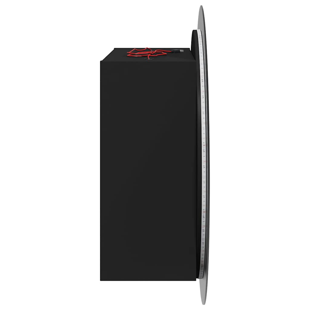 badeværelsesskab med rundt spejl og LED-lys 54x54x17,5 cm sort