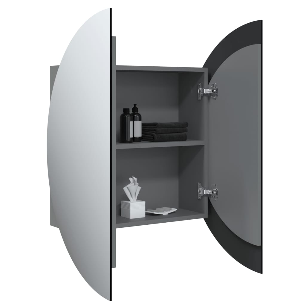 badeværelsesskab med rundt spejl og LED-lys 40x40x17,5 cm grå