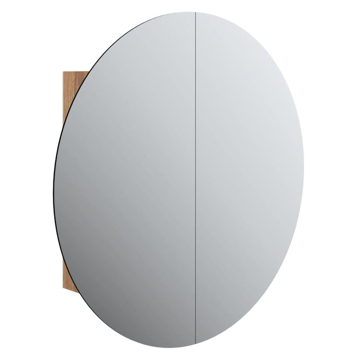 badeværelsesskab med rundt spejl og LED-lys 40x40x17,5cm egetræ