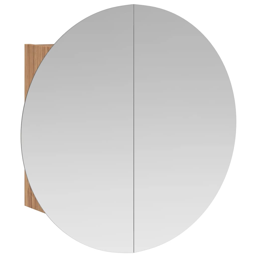 badeværelsesskab med rundt spejl og LED-lys 40x40x17,5cm egetræ